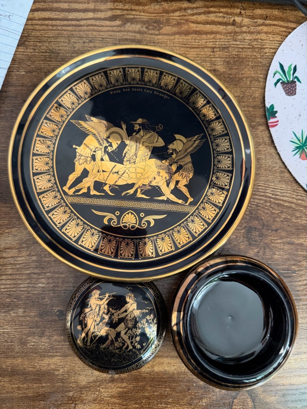 Vintage 24K gold decorative Greek ceramic lidded trinket box & plate